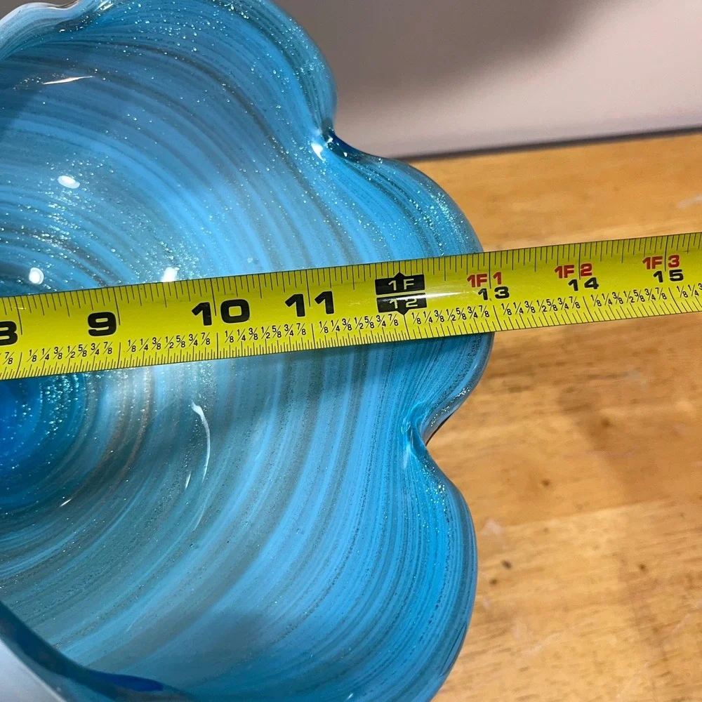 Murano Art Glass Console Bowl Blue White Vtg Swirl Ruffled Glitter 12.5